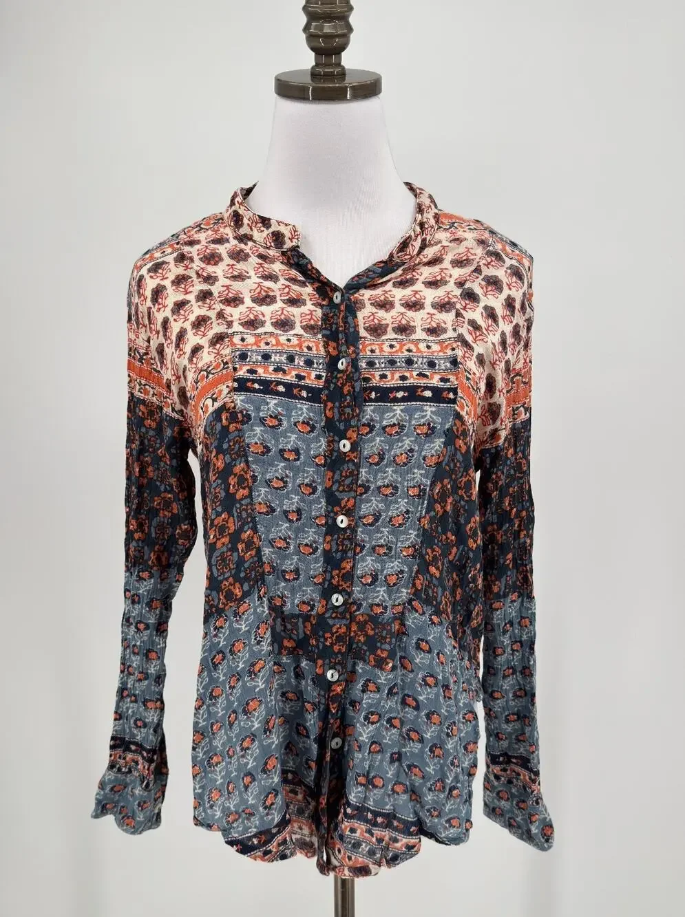 Free People Caravan Multicolor Patchwork Crepe Button Down Blouse Top Sz XS
